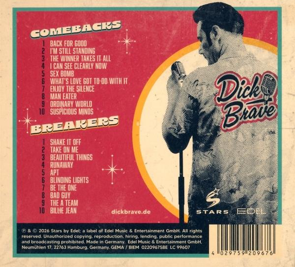 Rückseite eines Albums mit Songtiteln und einem Sänger, der ein Mikrofon hält.