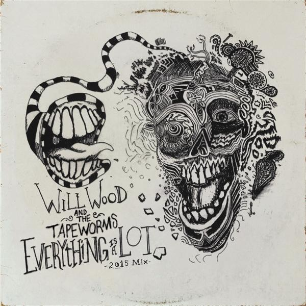 Schädel mit aufgerissenem Mund und Bandlogo "Will Wood and the Tapeworms".
