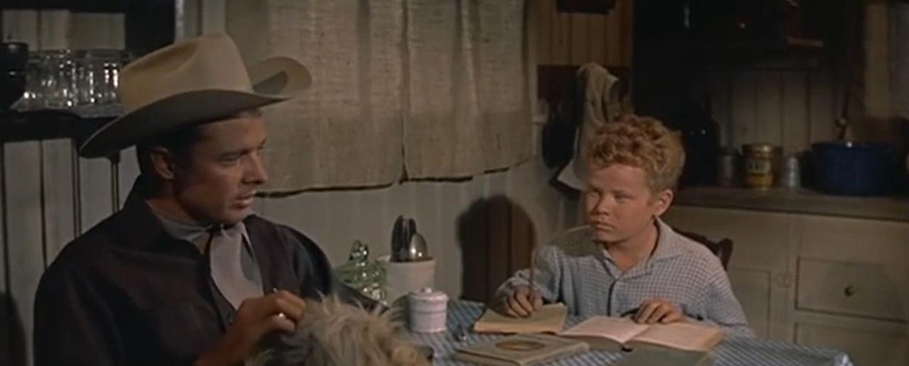 Ein Cowboy und ein Junge sitzen an einem Tisch. Gläser stehen auf einem Regal im Hintergrund.