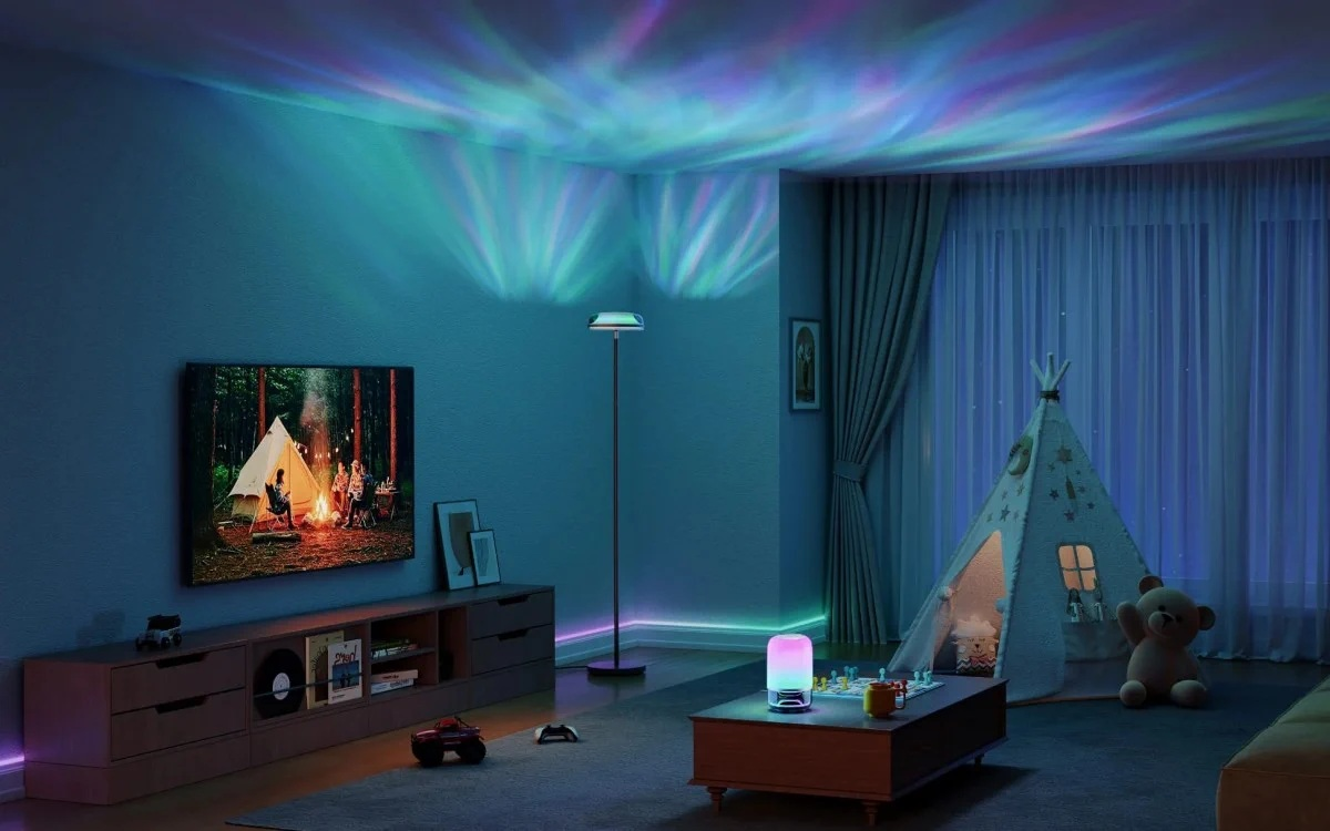 Salon z sufitem oświetlonym przez projektor gwiazd.