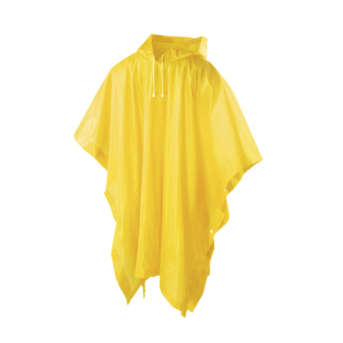 Ein gelber, wasserdichter Poncho mit Kapuze, auf weißem Hintergrund.