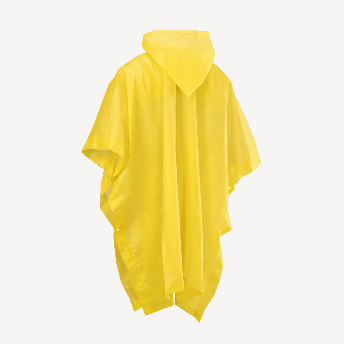 Ein gelber Poncho mit Kapuze, auf weißem Hintergrund.
