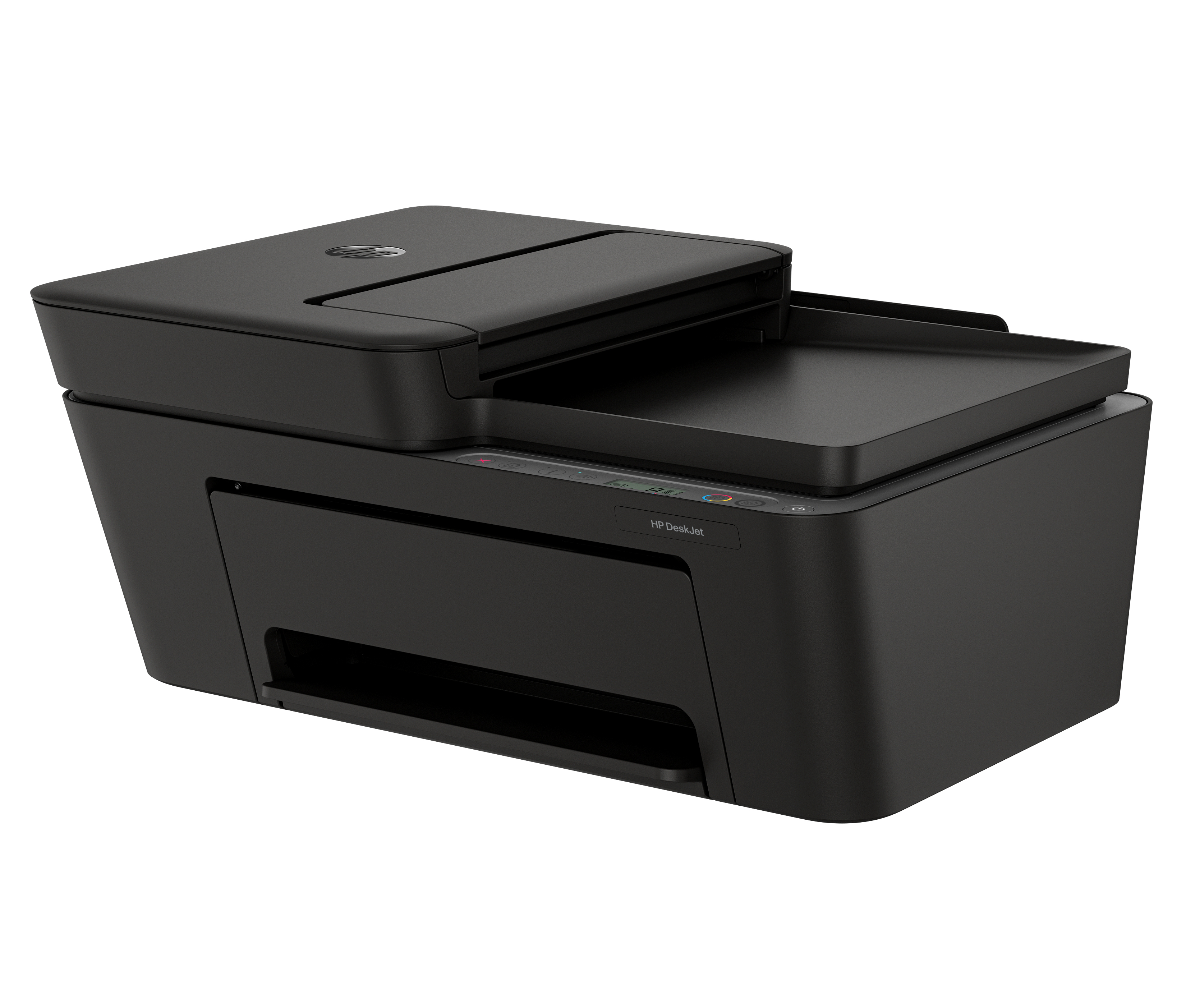 Ein schwarzer HP DeskJet Drucker mit Scanner steht auf weißem Hintergrund.