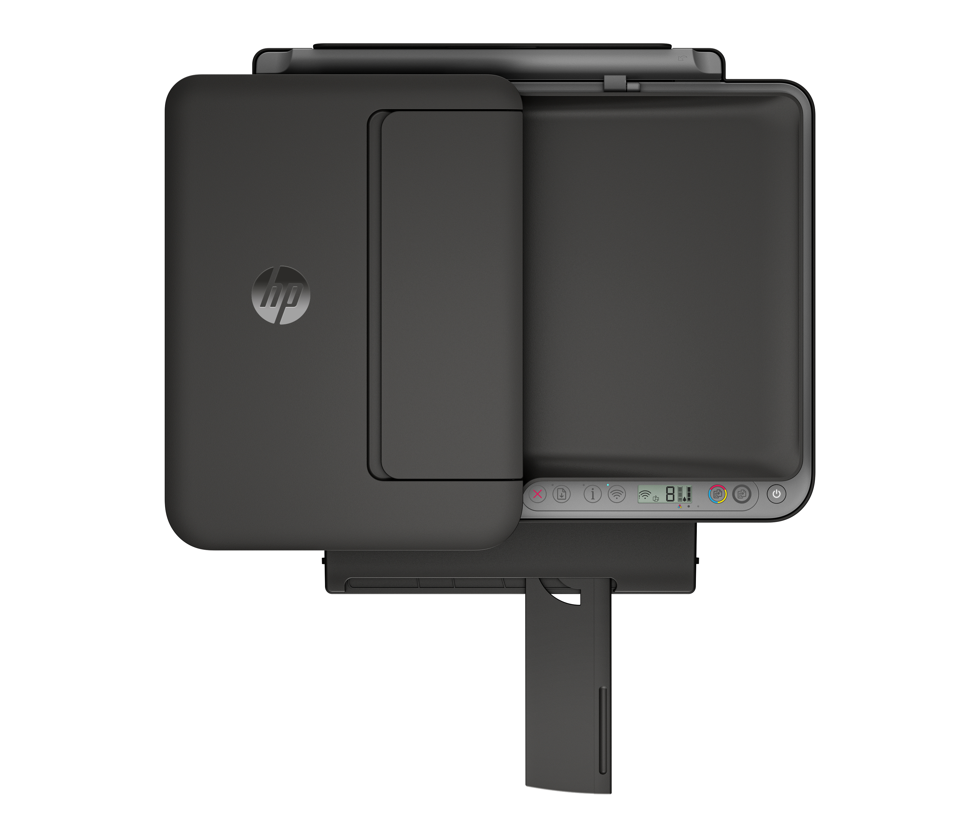Schwarzer HP Drucker mit ausziehbarem Fach und Bedienfeld.