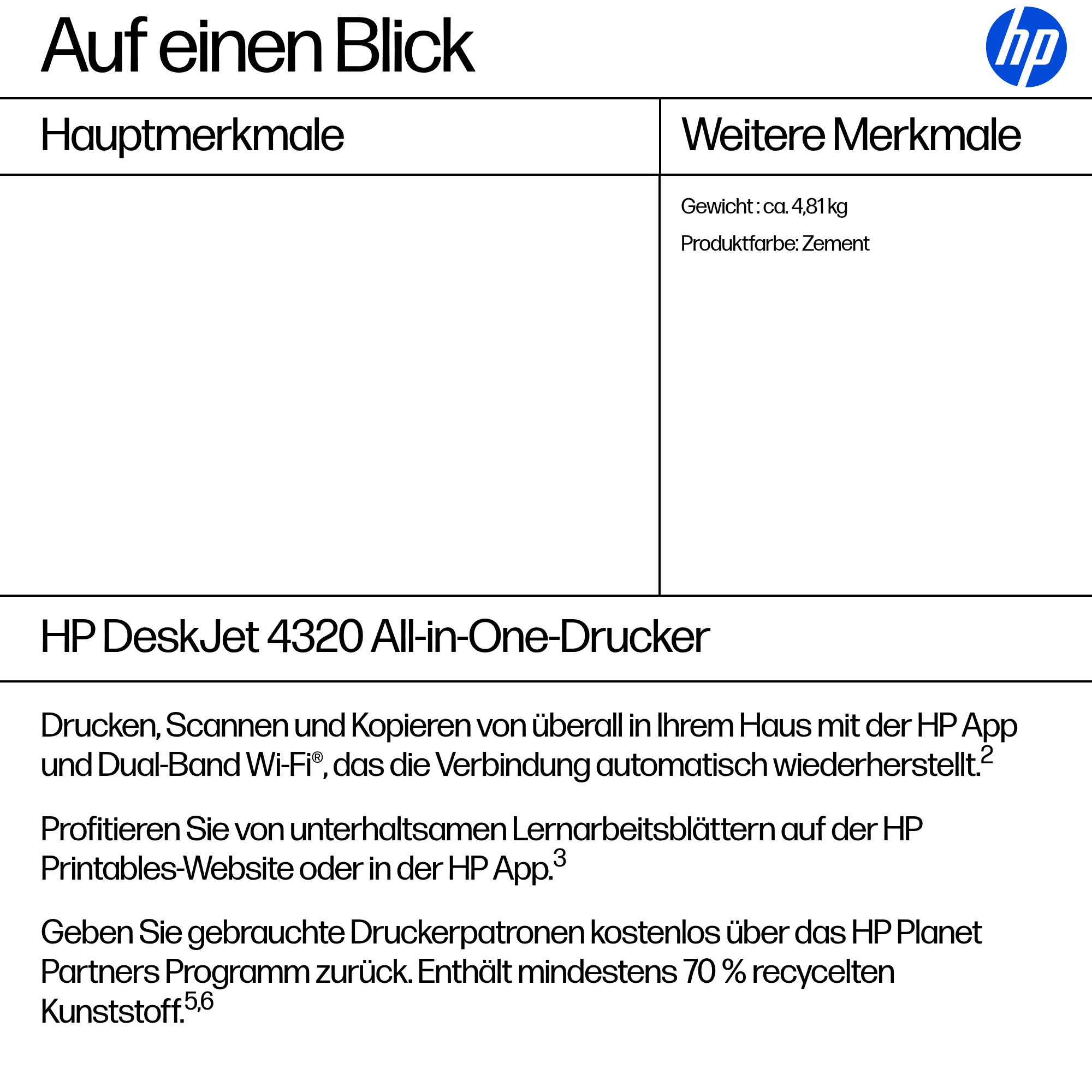 Produktübersicht des HP DeskJet 4320 All-in-One Druckers mit Merkmalen.