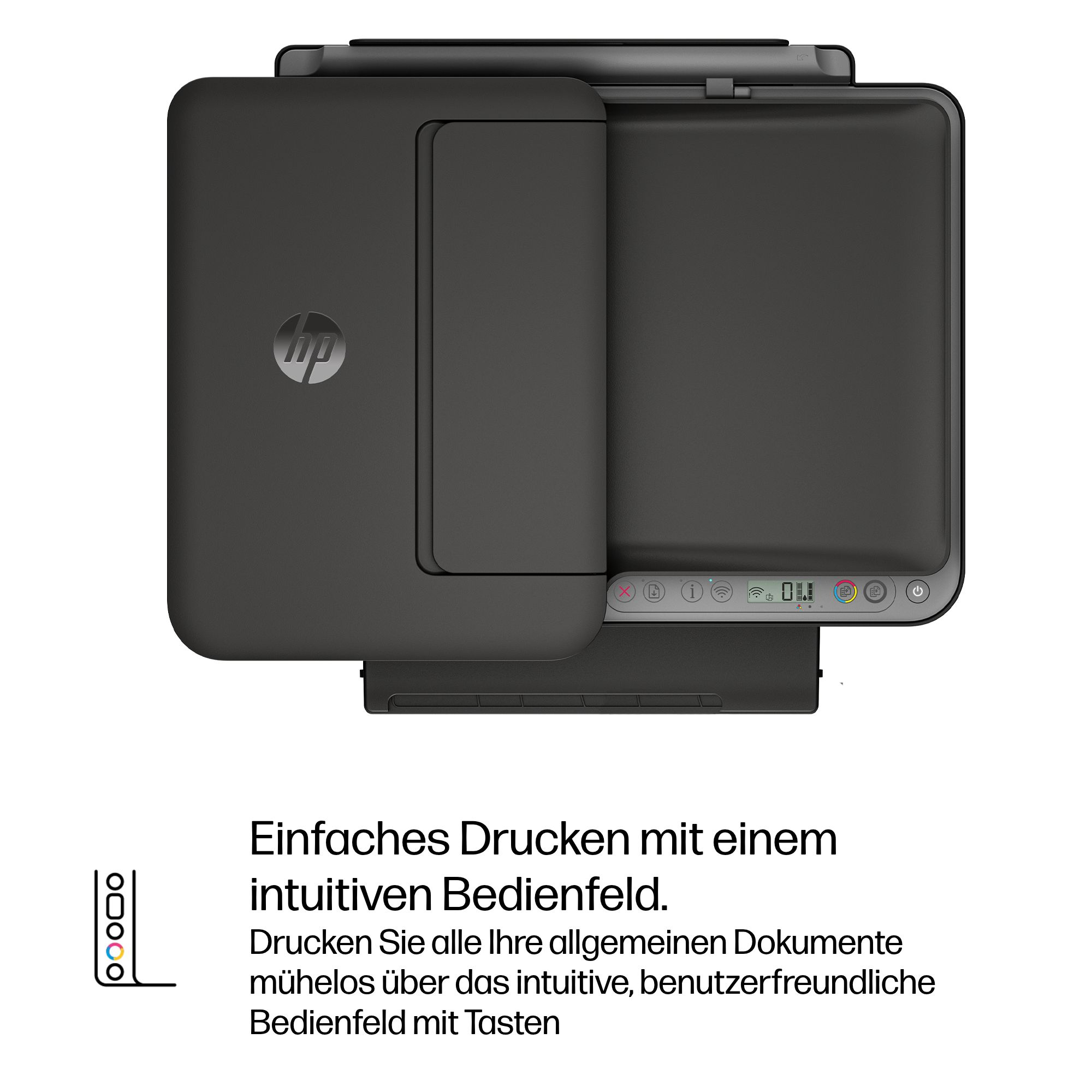 Schwarzer HP Drucker mit Bedienfeld und HP Logo.