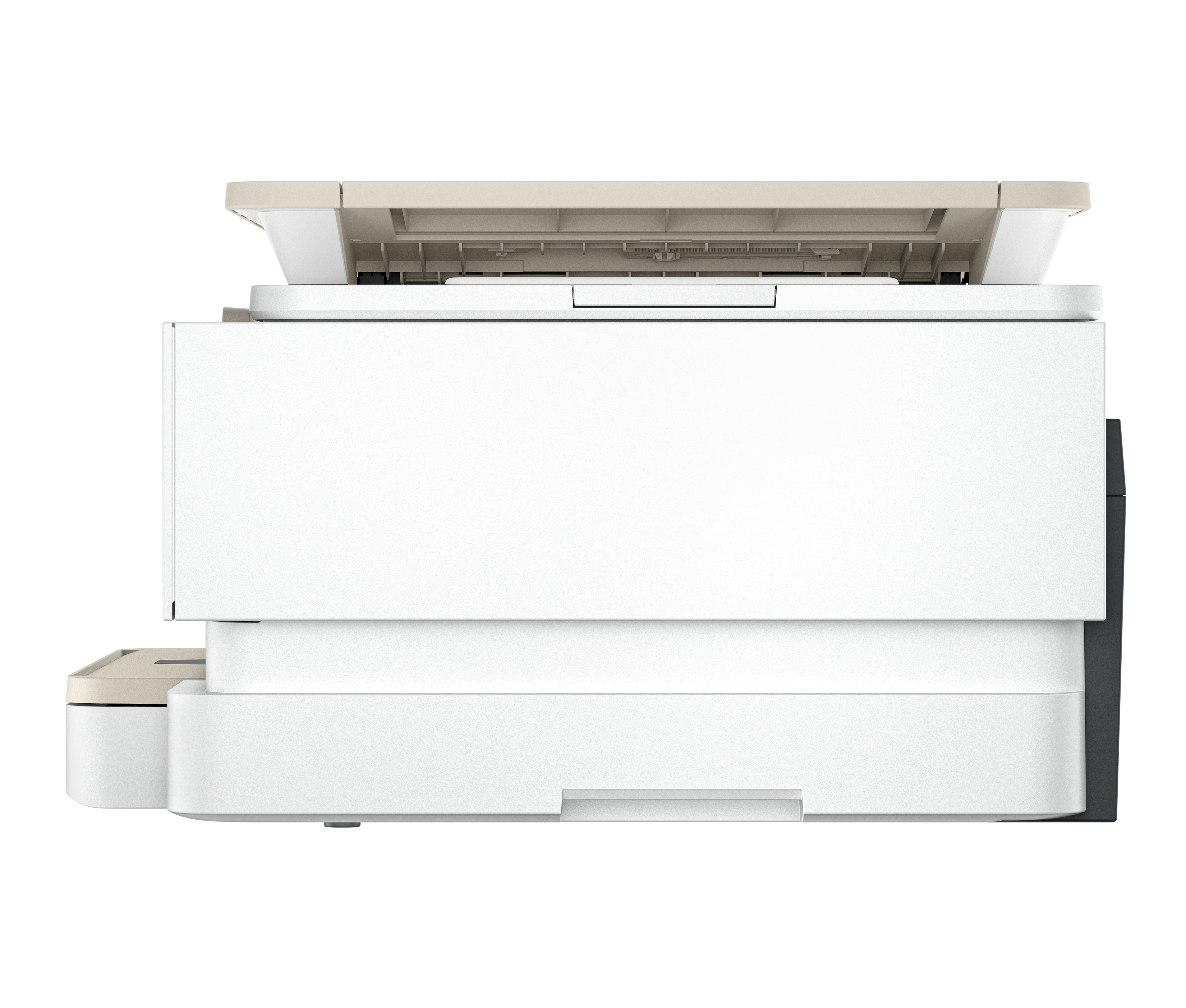 Una stampante bianca con un coperchio scanner beige sopra.