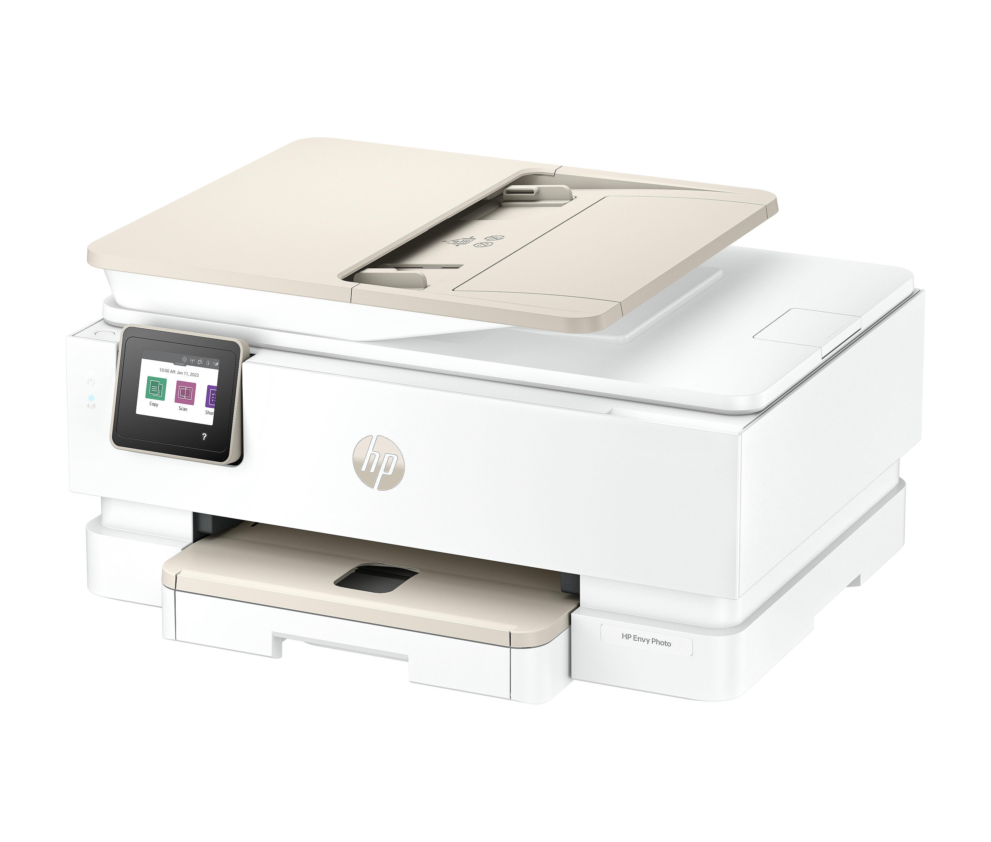 Una stampante HP Envy Photo bianca con display touchscreen e coperchio scanner beige.