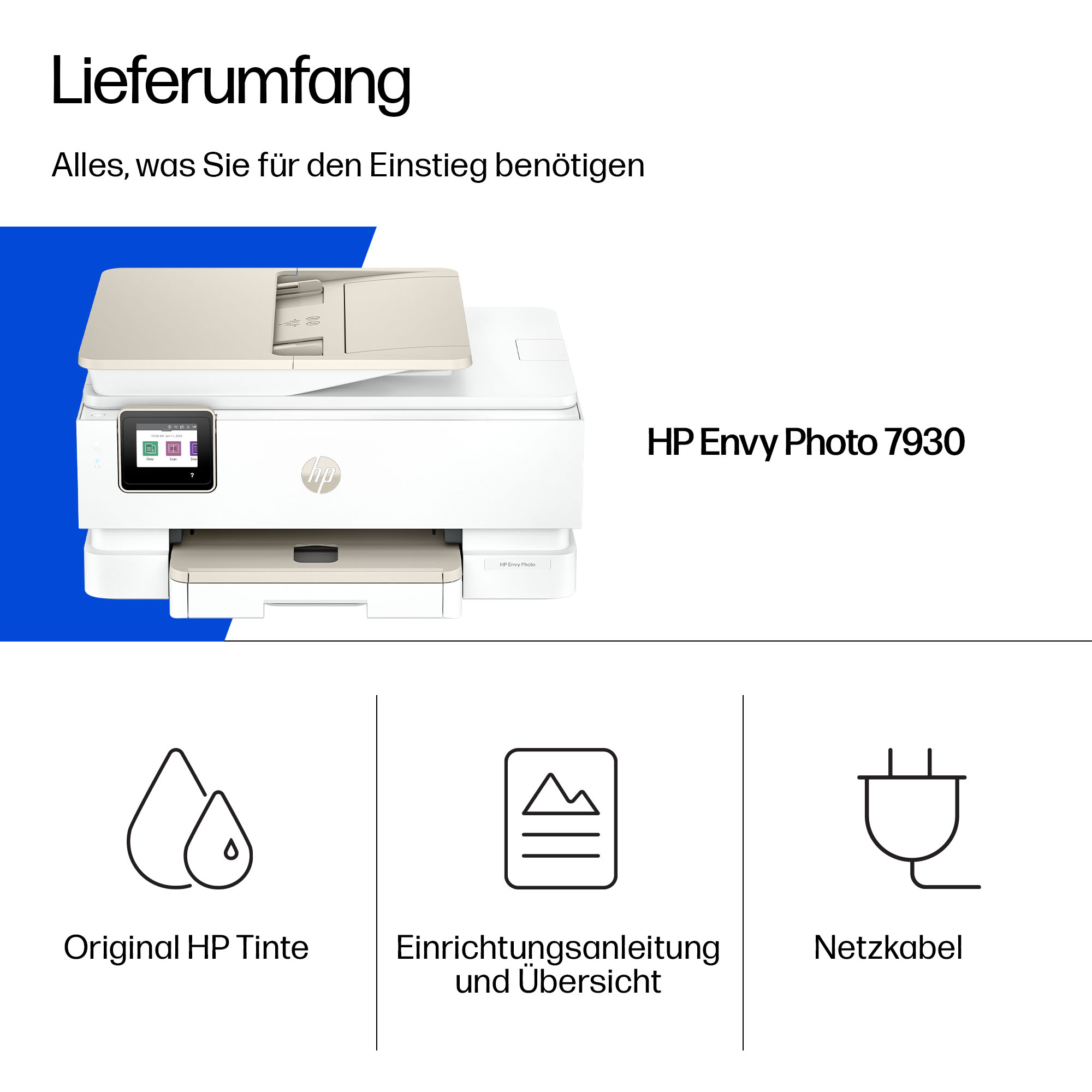 Stampante HP Envy Photo 7930 con inchiostro, manuale e cavo di alimentazione.