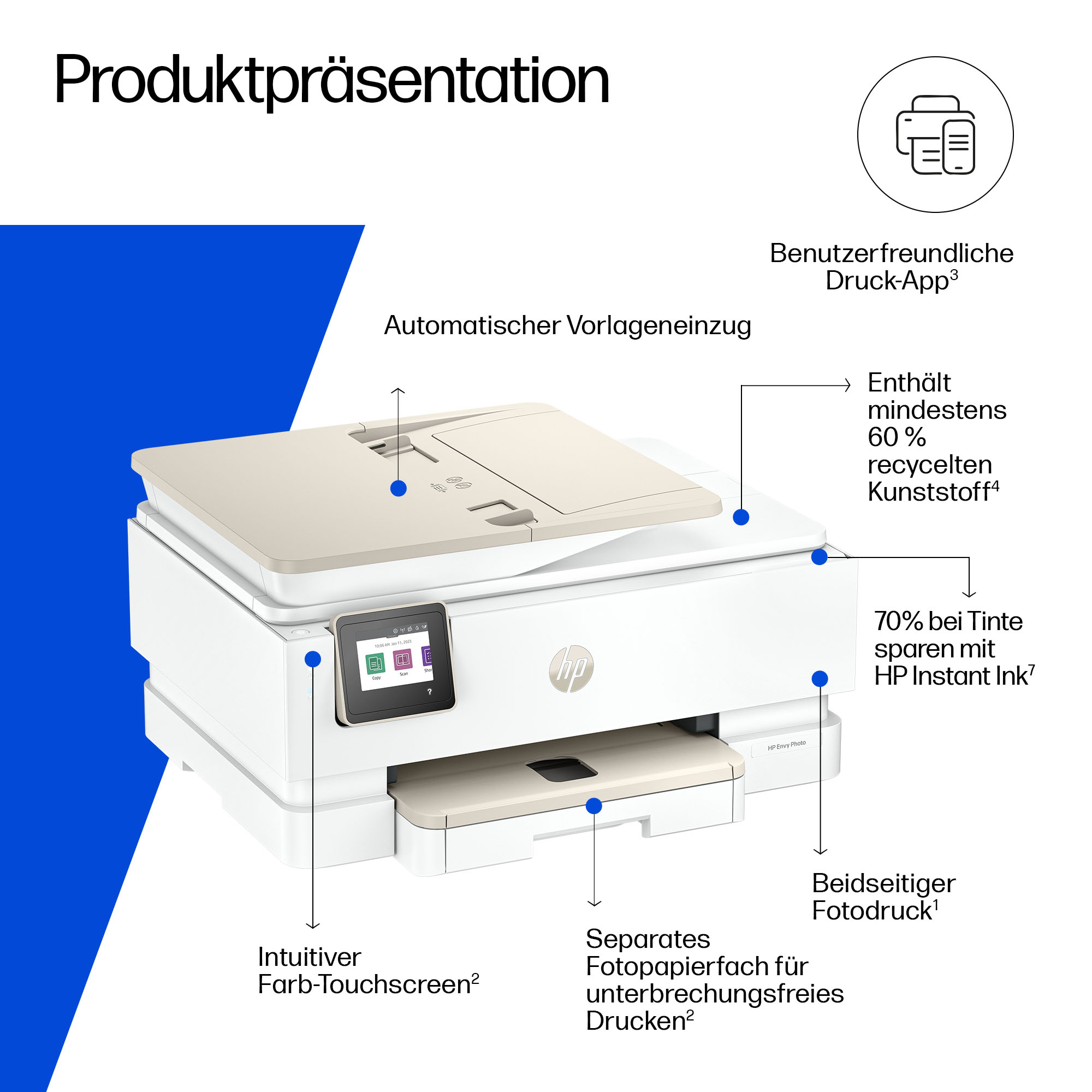 Una stampante HP bianca con touchscreen e indicazioni sulle funzioni.