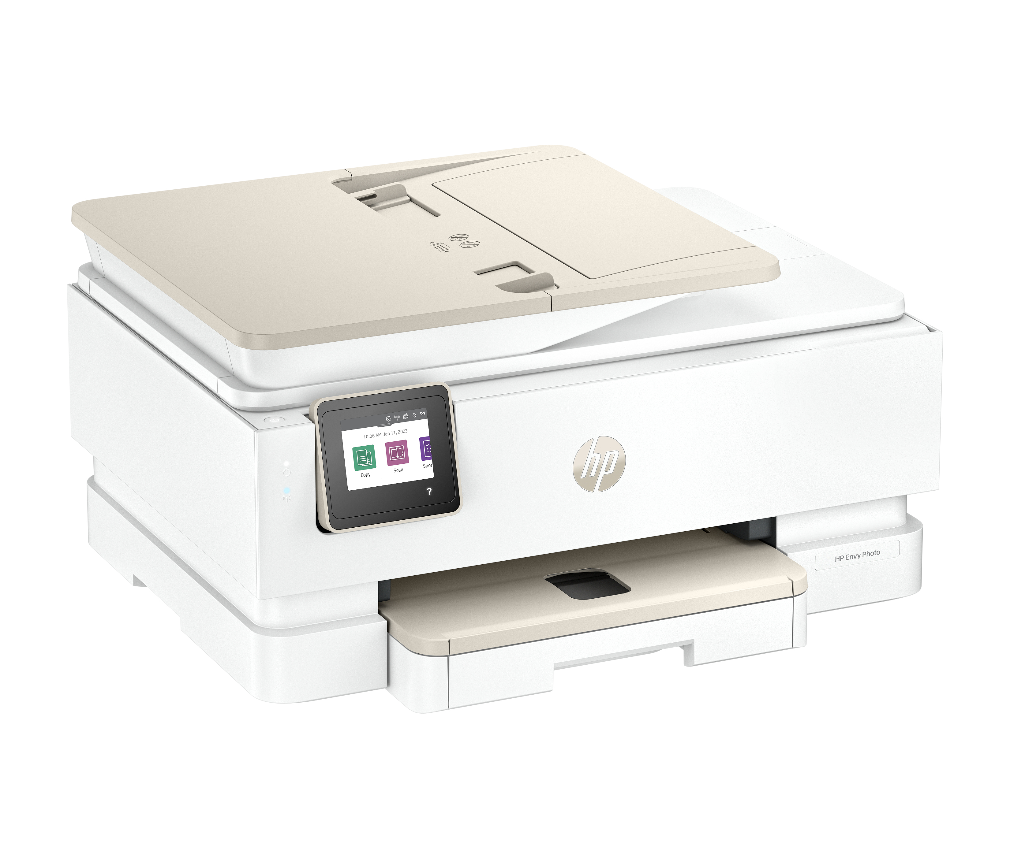 Una stampante HP Envy Photo bianca con display touch.