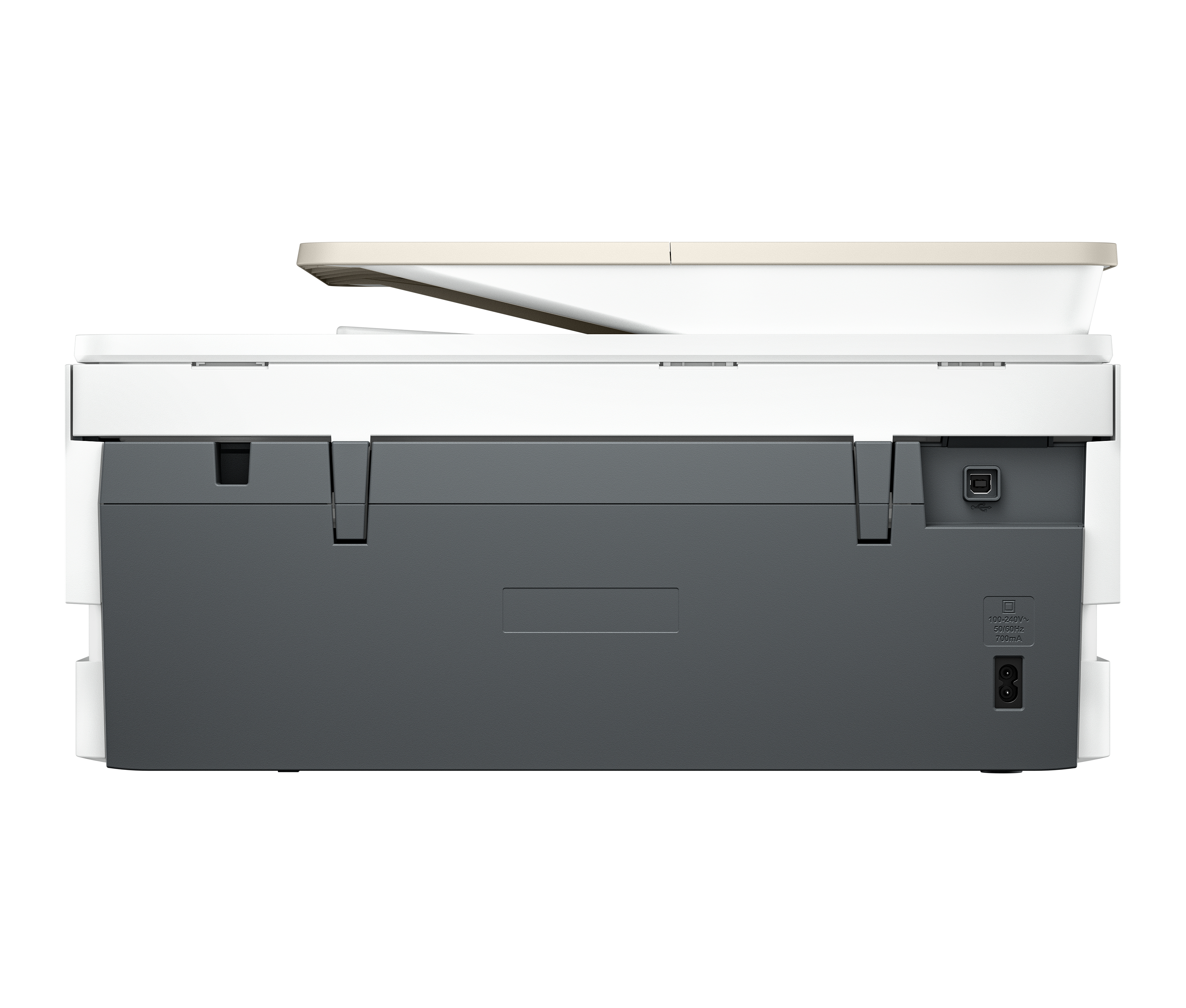 Vista posteriore di una stampante multifunzione con porte USB e di alimentazione.