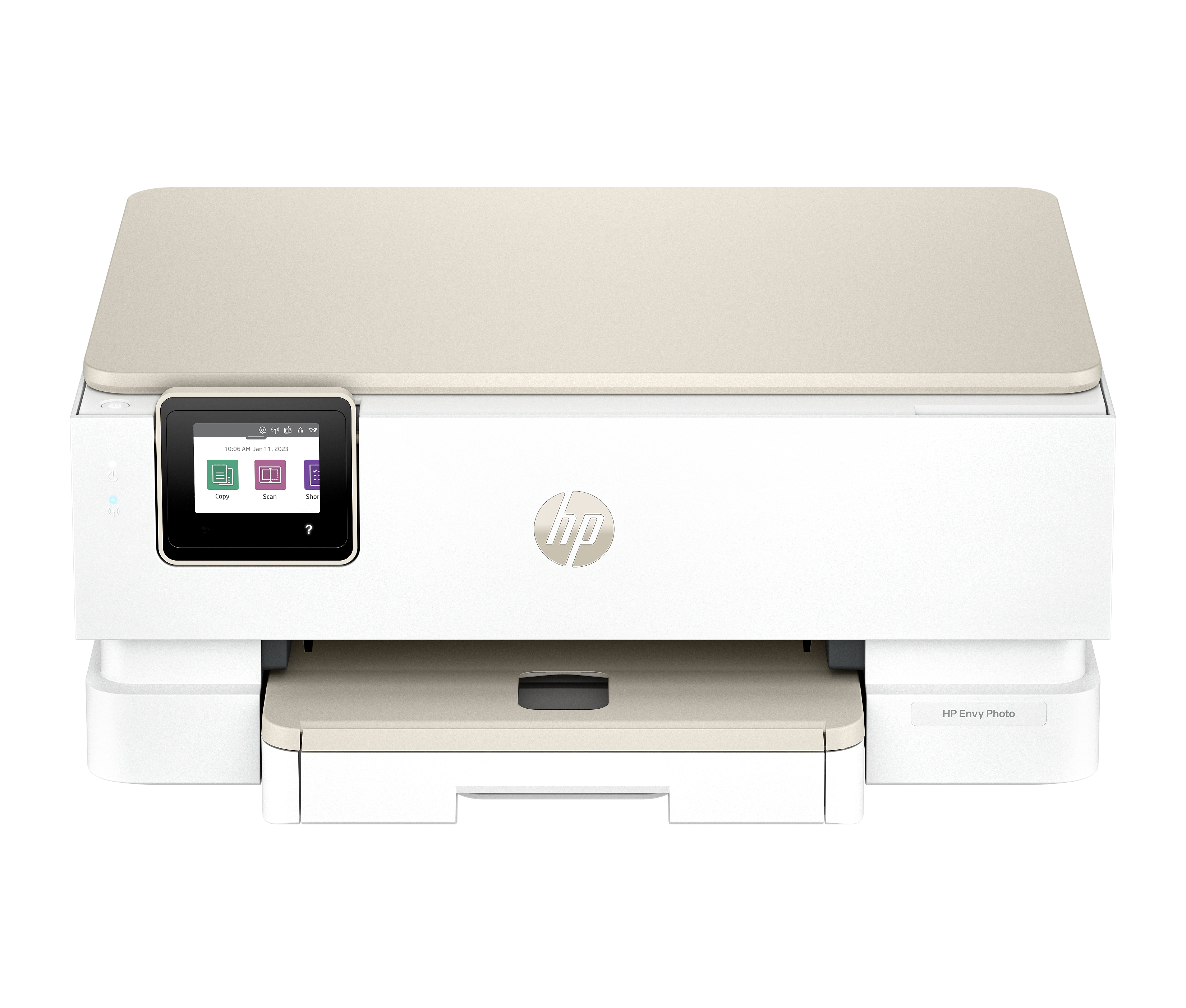 Stampante HP Envy Photo bianca con coperchio beige chiaro e schermo tattile.