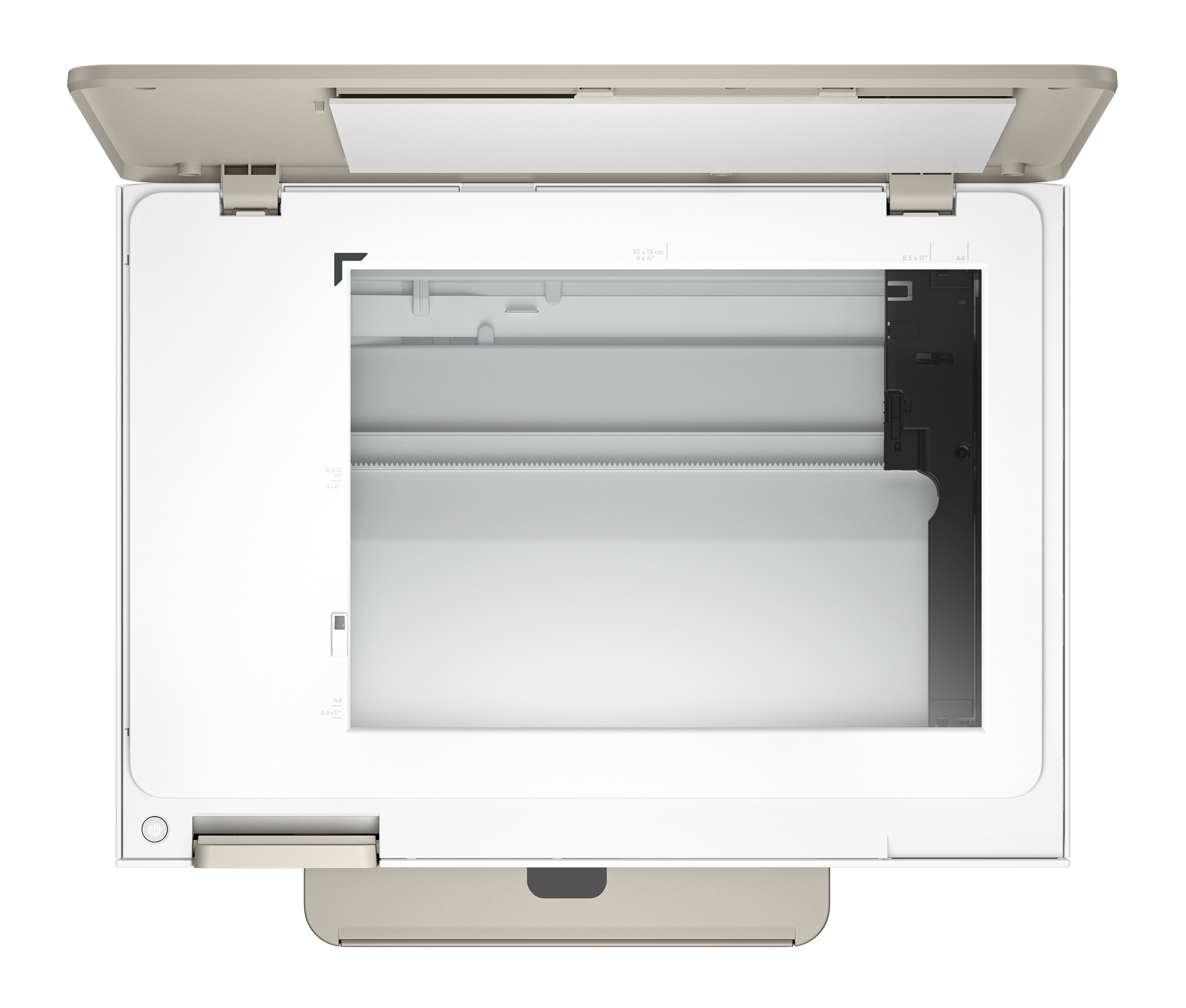 Una stampante beige e bianca con il coperchio aperto, che rivela il piano dello scanner.