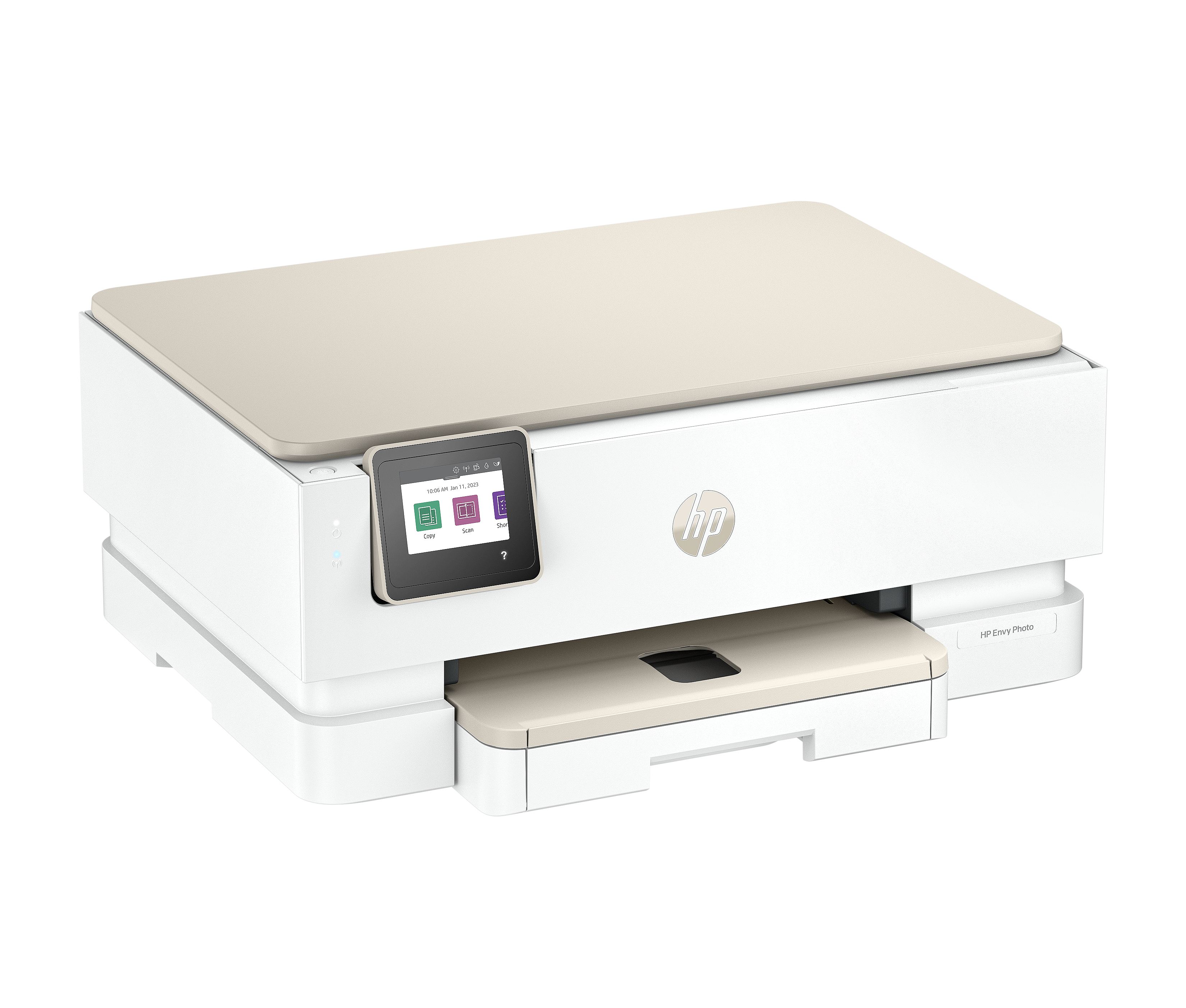 Una stampante HP Envy Photo bianca con coperchio beige chiaro e touchscreen.