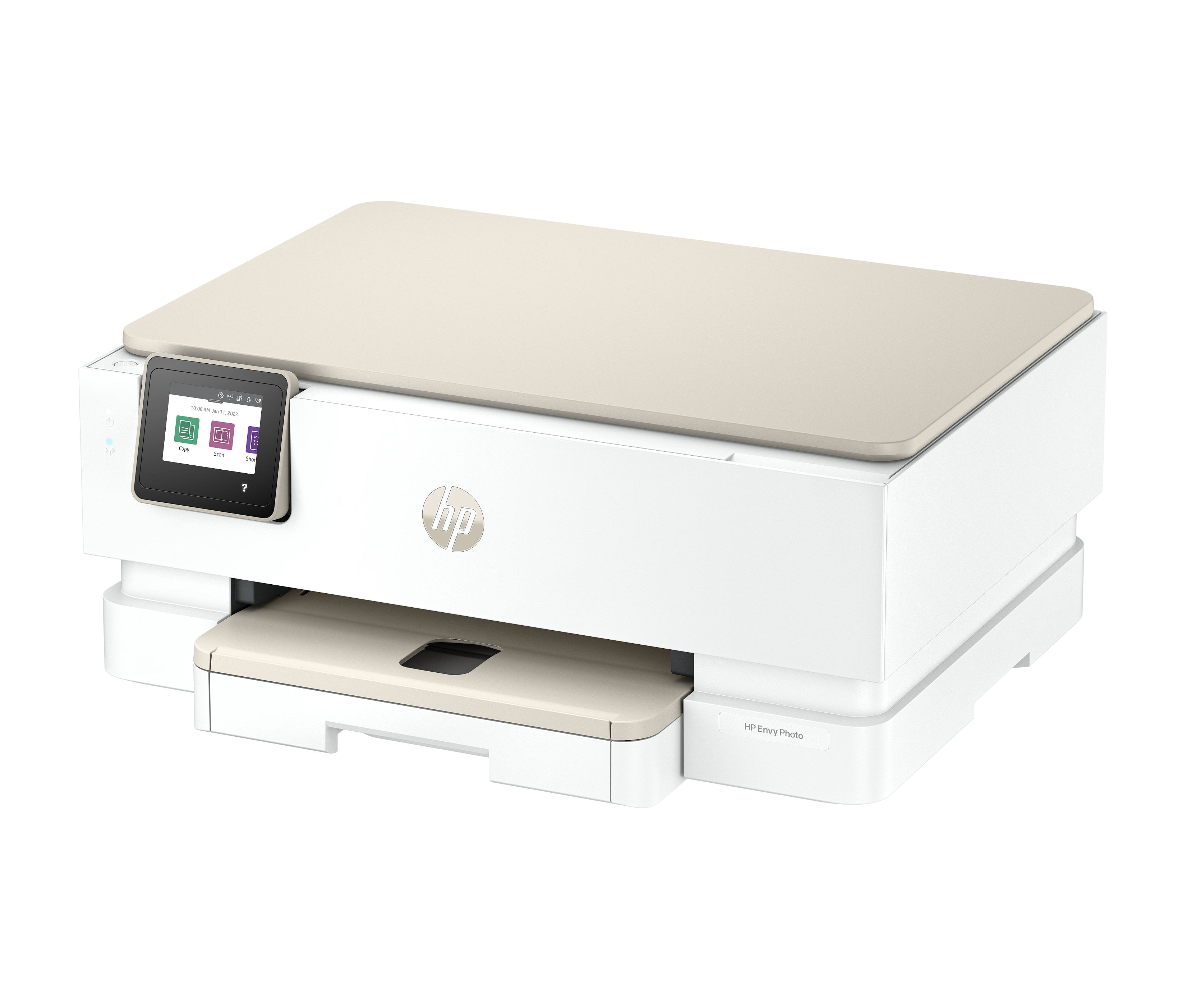 Una stampante HP Envy Photo bianca con coperchio beige e touchscreen.