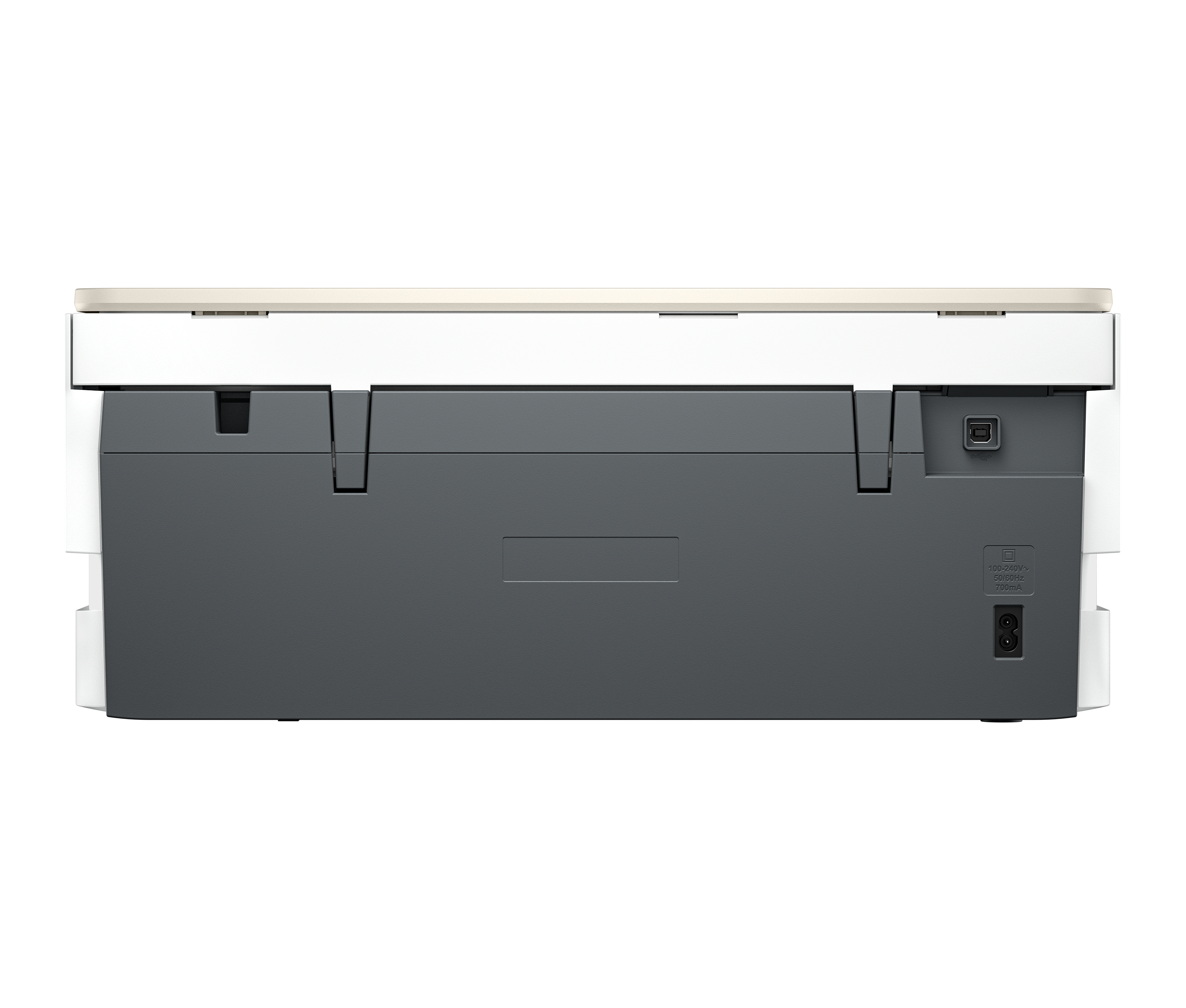 Vista posteriore di una stampante con porte USB e di alimentazione, grigia e bianca.