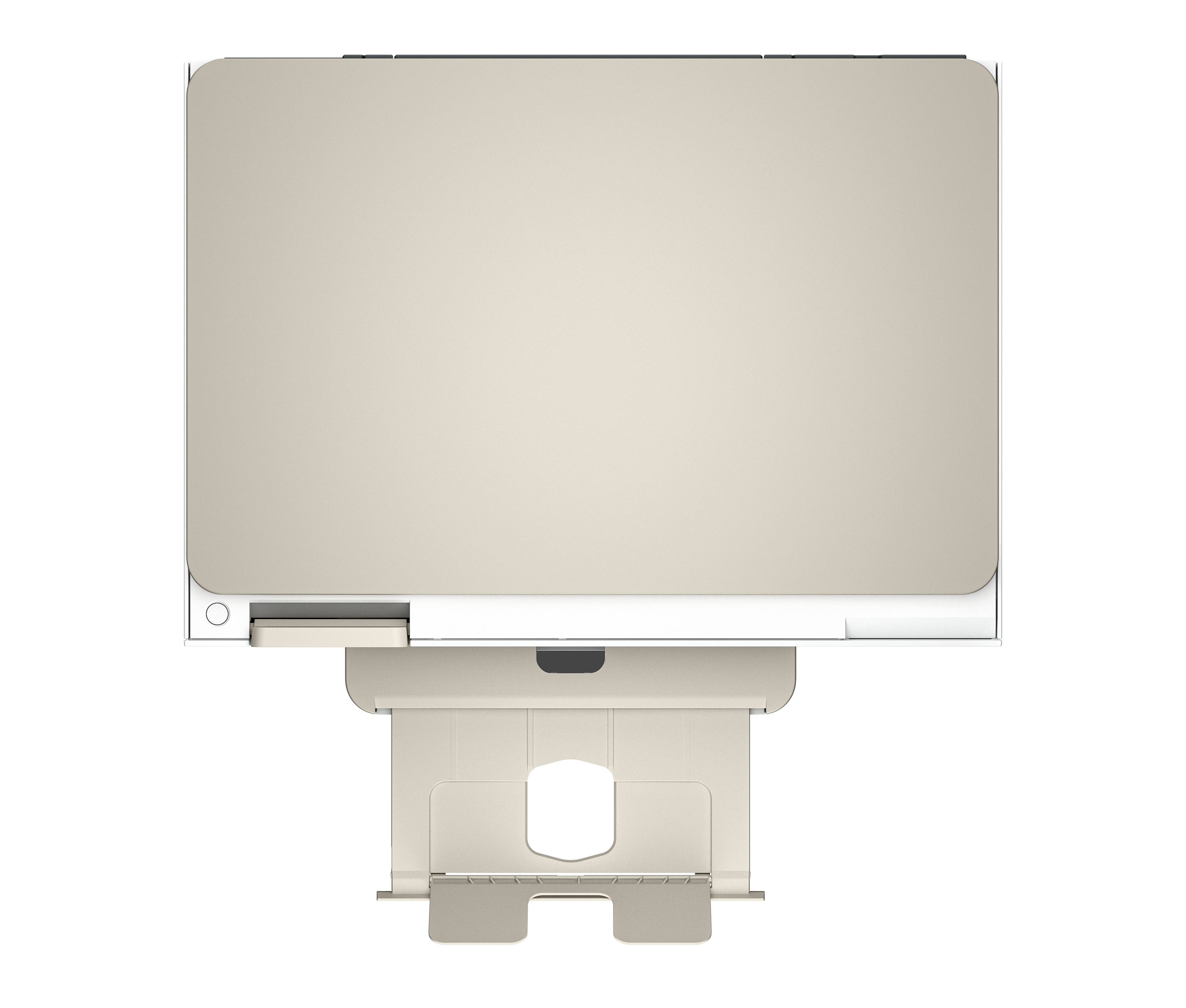 Una stampante beige con vassoio estraibile e pulsante di accensione.