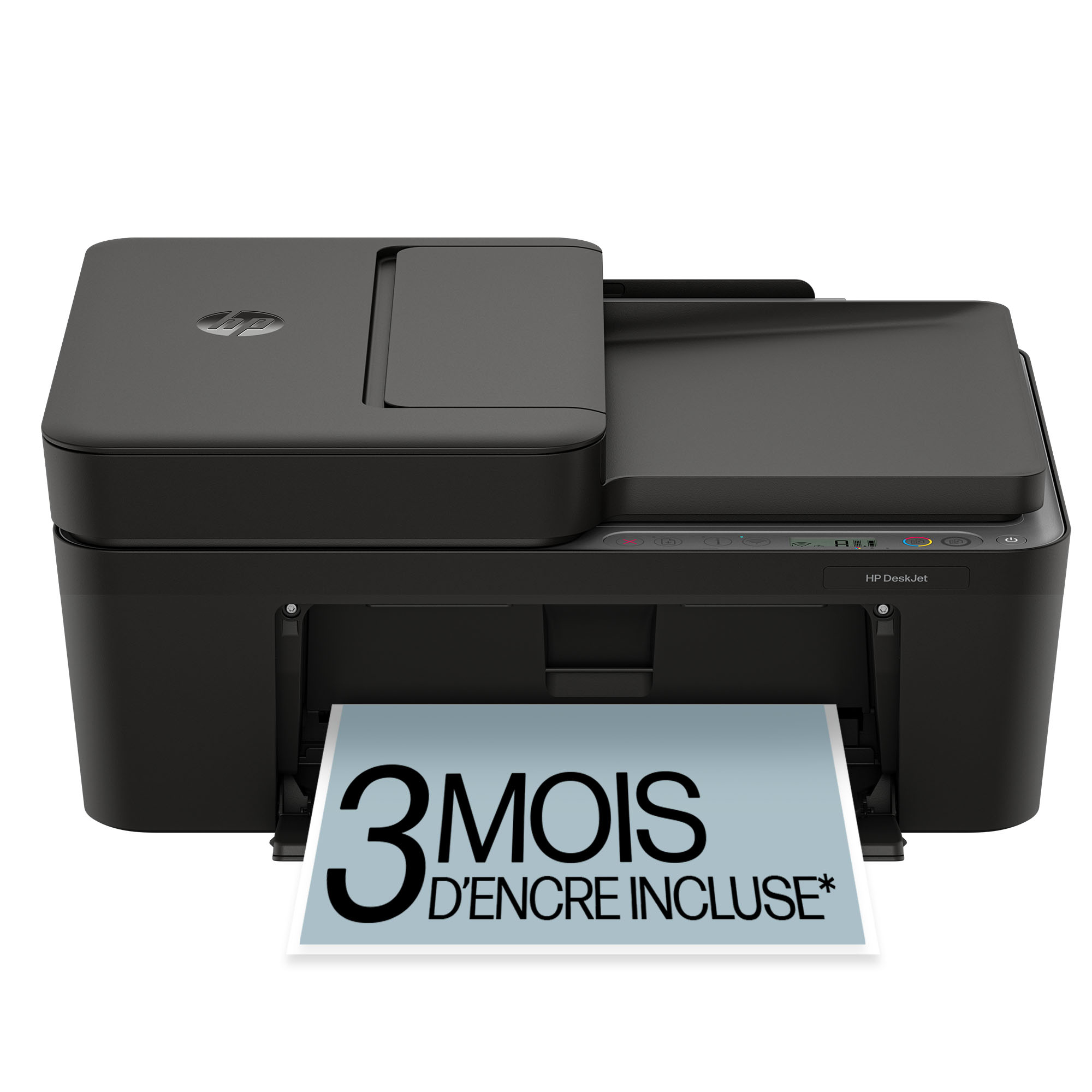 Ein schwarzer HP DeskJet Drucker mit einem Blatt Papier, auf dem "3 Monate Tinte inklusive" steht.