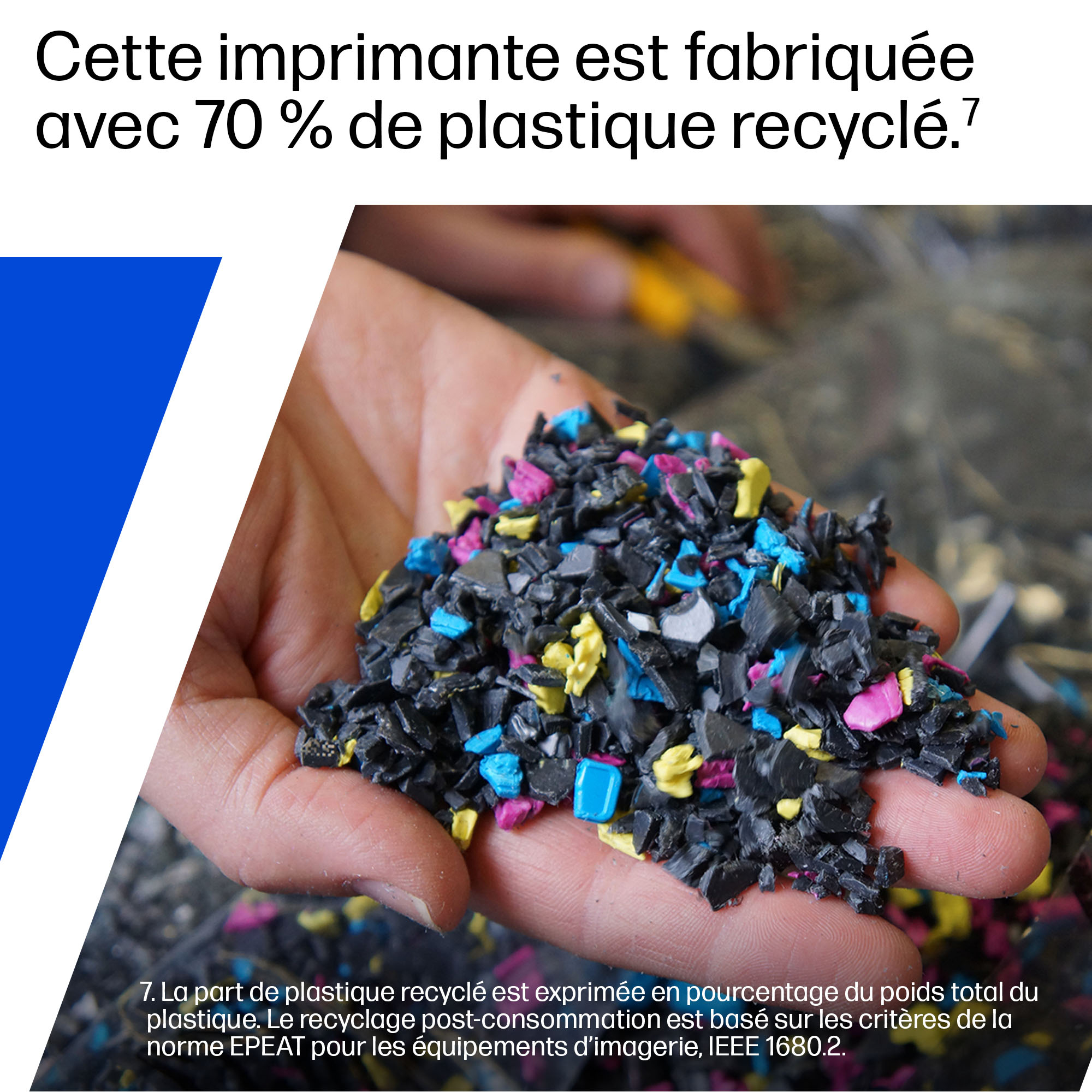 Eine Hand hält recycelten Kunststoff in den Farben Schwarz, Blau, Gelb und Pink.