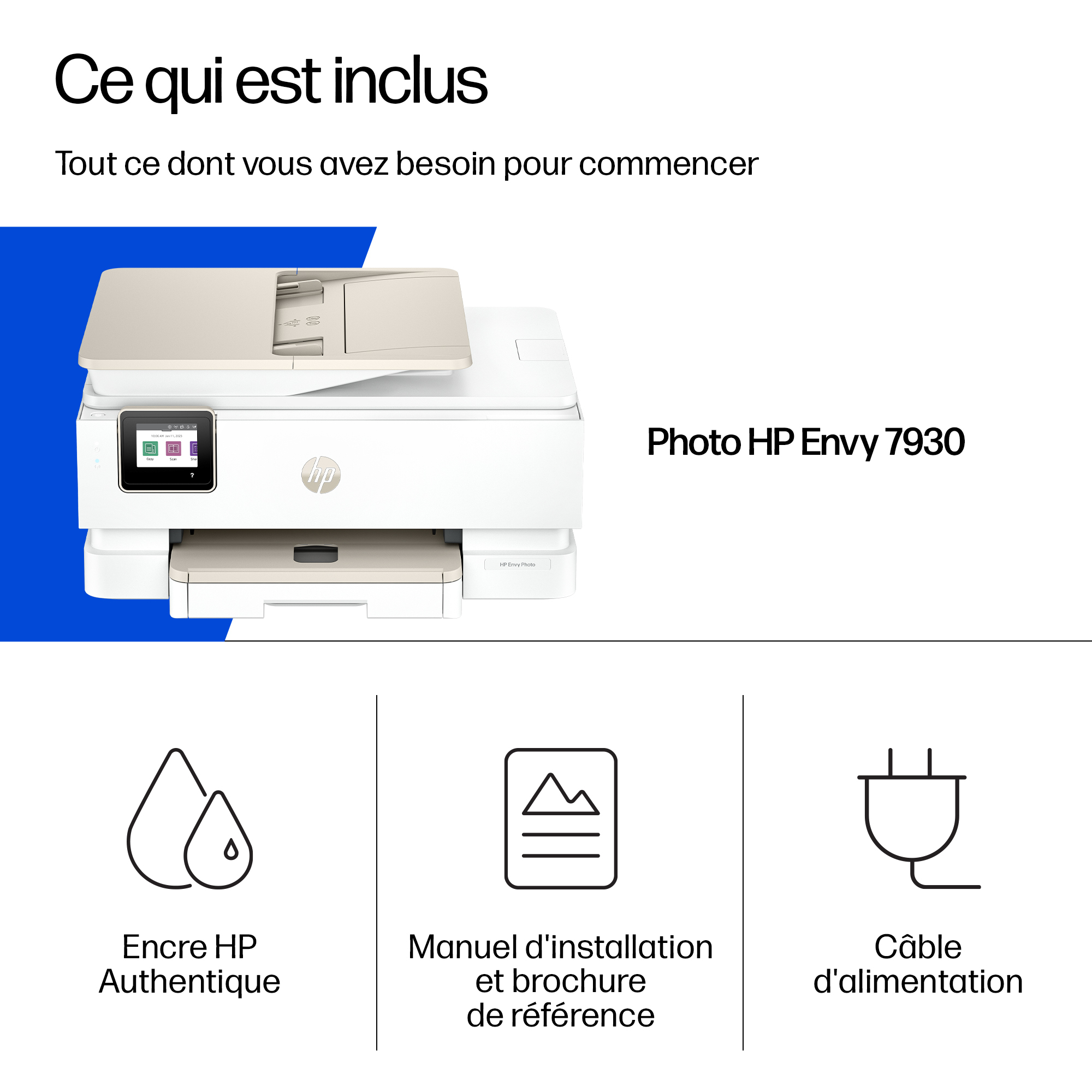 Stampante HP Envy 7930 con inchiostro, manuale e cavo di alimentazione.