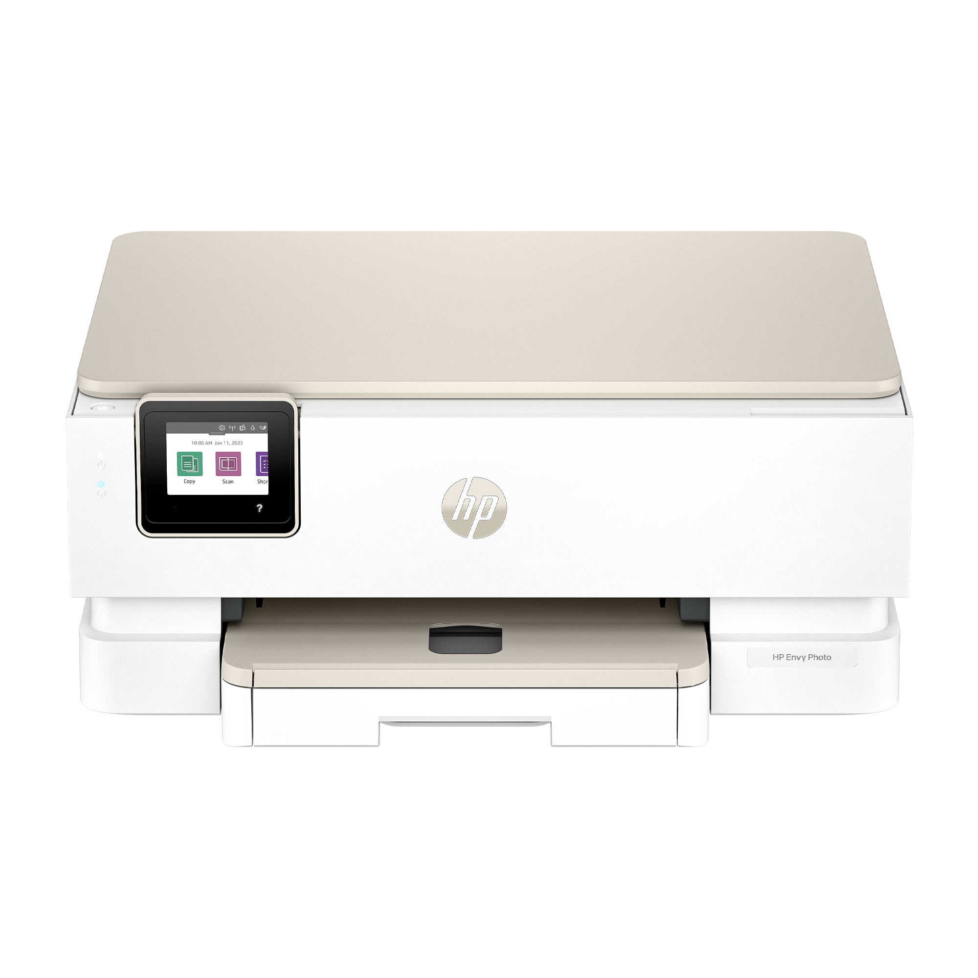 Una stampante HP Envy Photo bianca con touchscreen e coperchio beige.