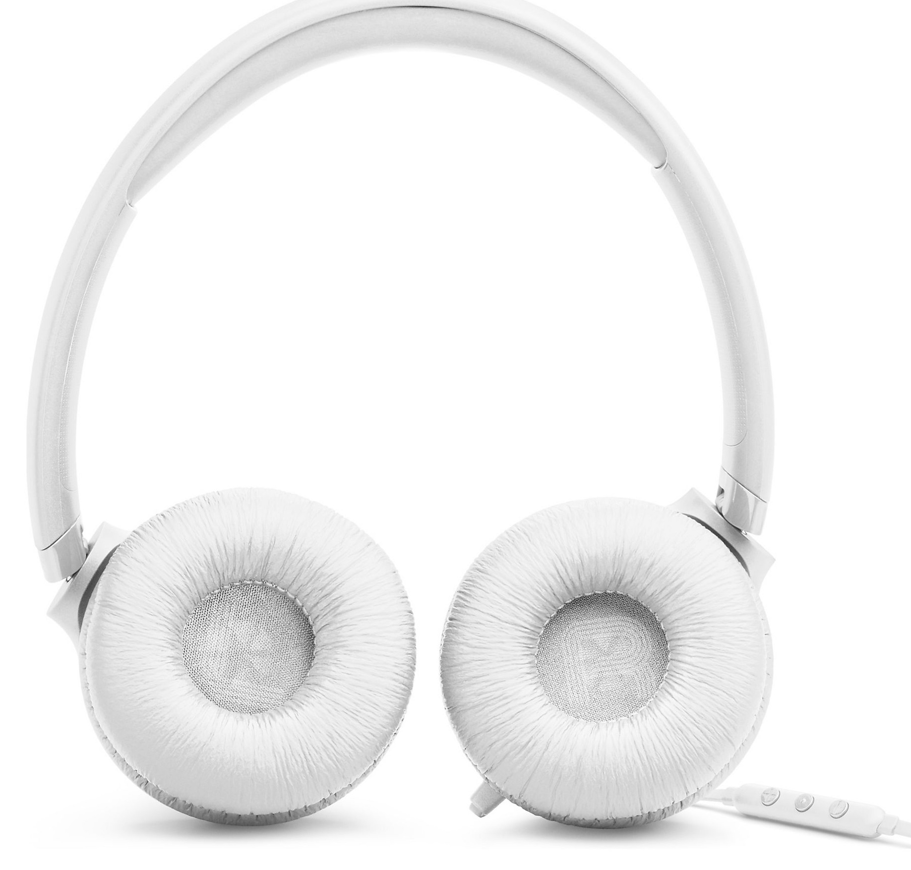 Białe słuchawki z wyściełanymi nausznikami i regulowanym pałąkiem.