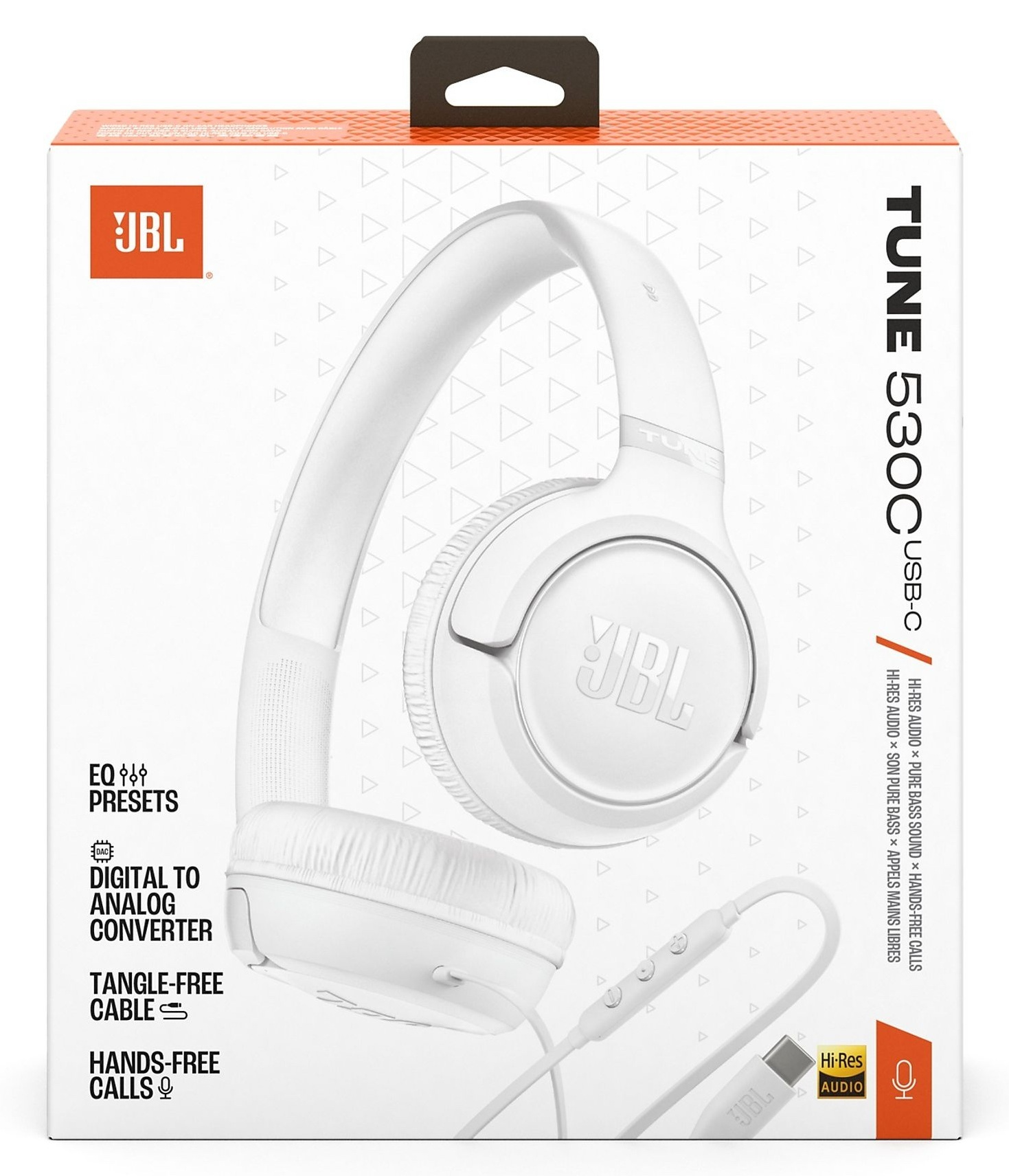 Białe słuchawki JBL Tune 530C USB-C na białym pudełku ze wzorem trójkątów.