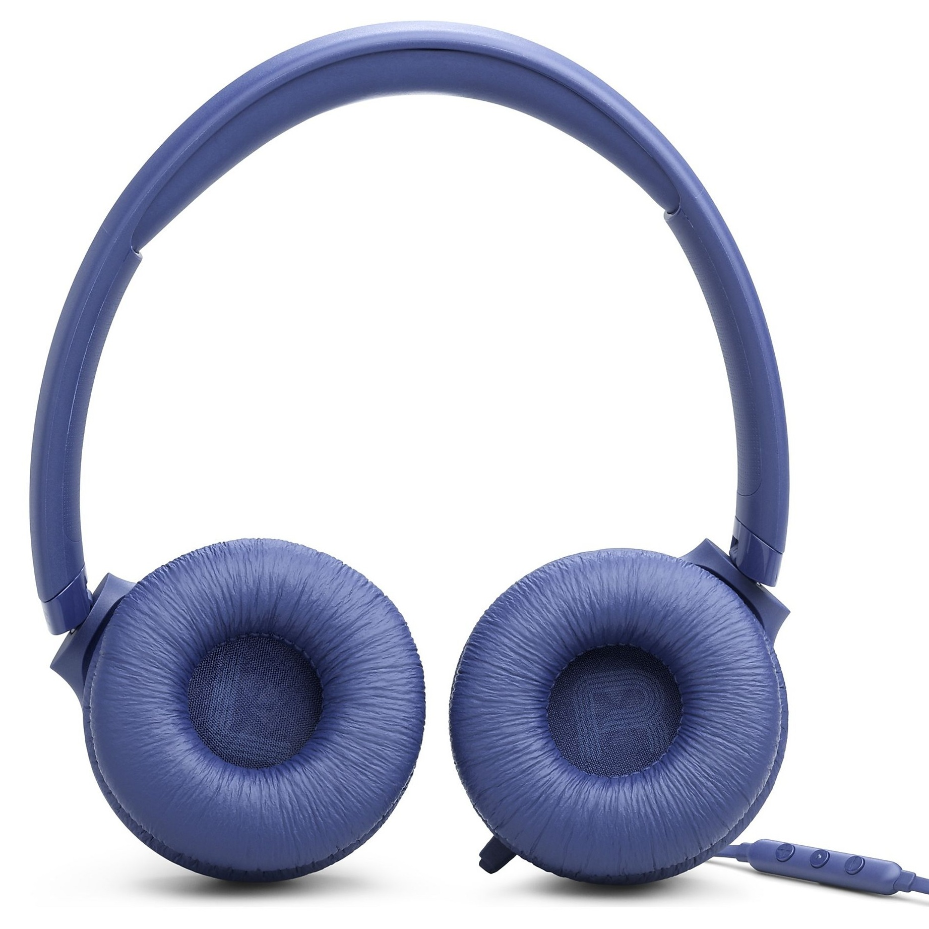 Niebieskie słuchawki z wyściełanymi nausznikami i regulowanym pałąkiem.