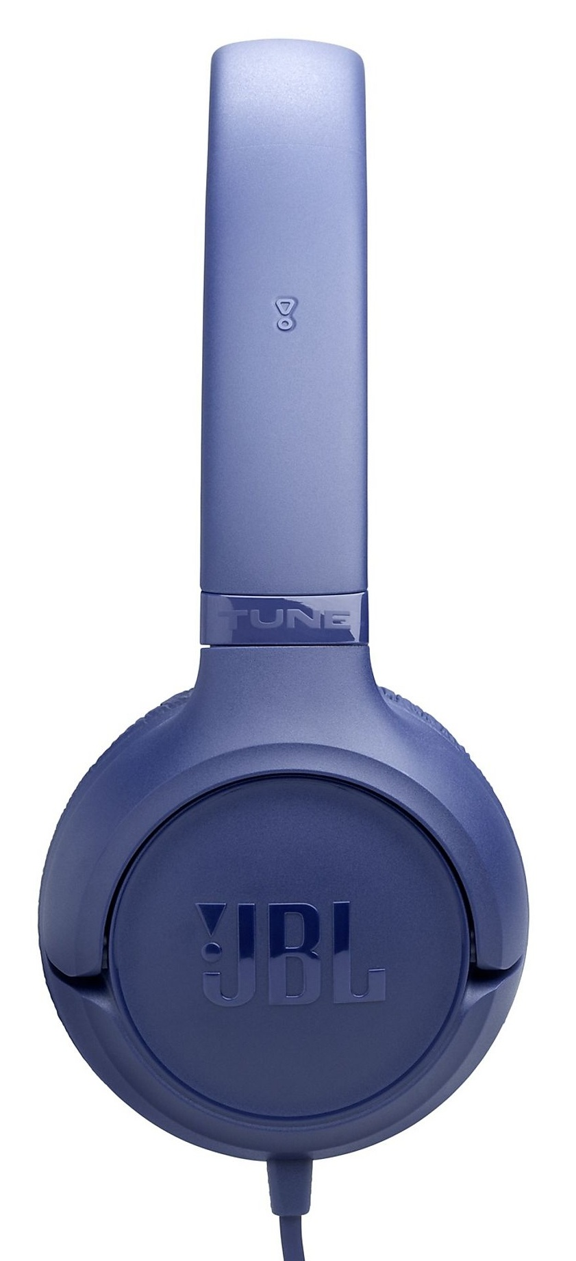 Niebieskie słuchawki JBL z kablem i logo marki.