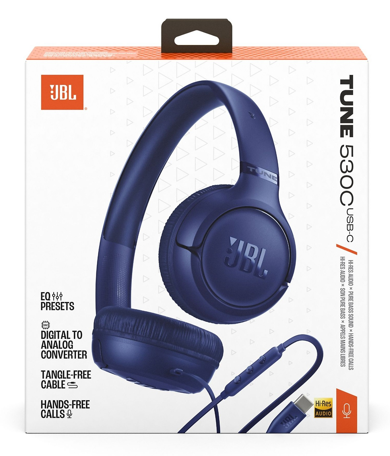 Niebieskie słuchawki JBL z kablem na białym pudełku z trójkątami.