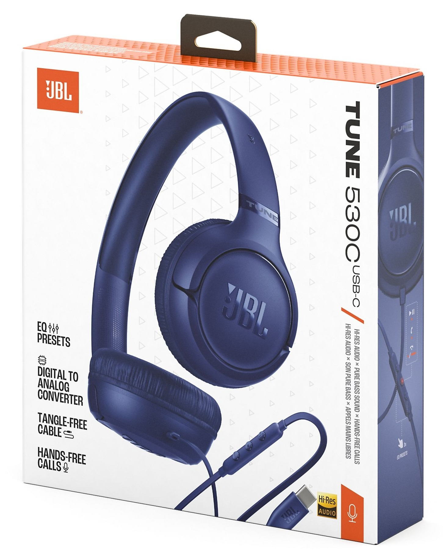 Opakowanie słuchawek JBL Tune 530C USB-C w kolorze ciemnoniebieskim, z logo i cechami.