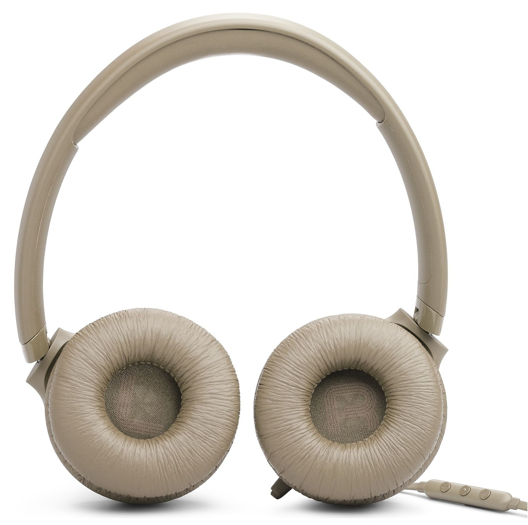 Beżowe słuchawki z miękkimi nausznikami i regulowanym pałąkiem.