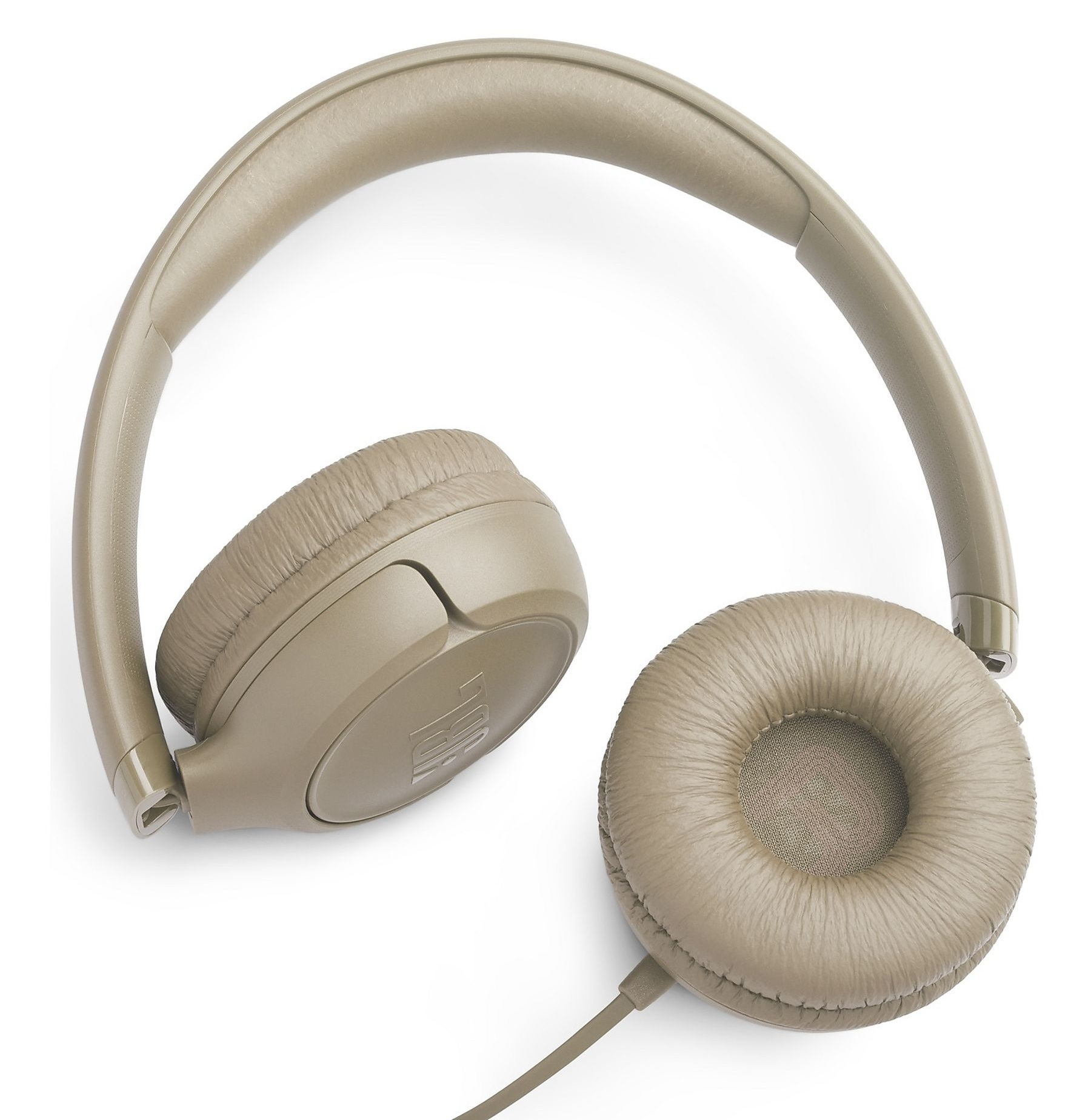 Beżowe słuchawki JBL z wyściełanymi nausznikami i kablem, na białym tle.