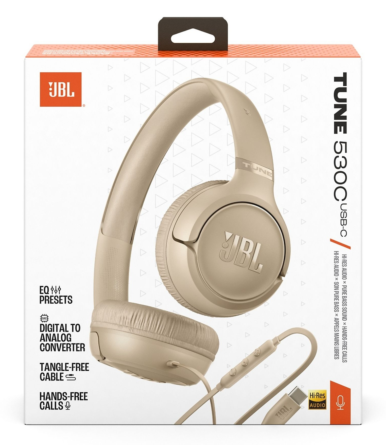 Beżowe słuchawki JBL Tune 530C z kablem i złączem USB-C na opakowaniu.