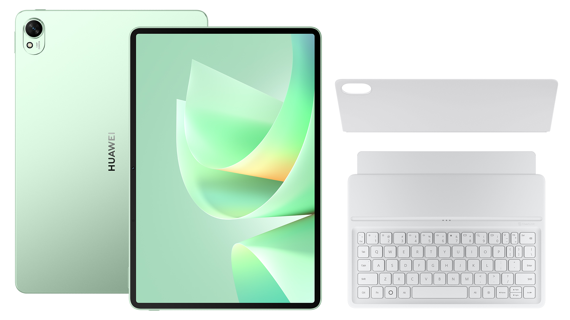 Jasnozielony tablet Huawei z klawiaturą i rysikiem na czarnym tle.