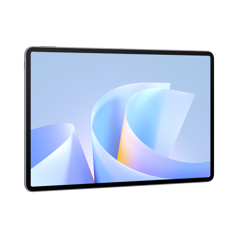 Szary tablet z abstrakcyjną niebiesko-białą tapetą.