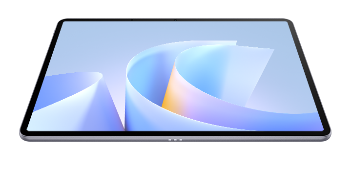 Tablet z abstrakcyjnym niebiesko-białym tłem.