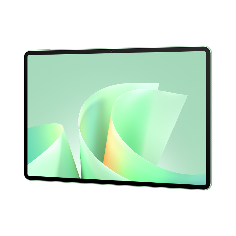 Miętowo-zielony tablet z jasnozieloną i pomarańczową abstrakcyjną tapetą, ustawiony pod lekkim kątem.