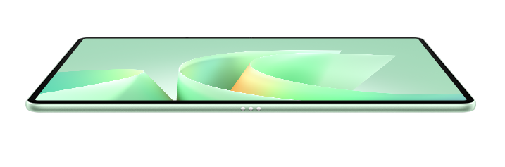 Jasnozielony tablet z abstrakcyjnym, płynnym tłem w pastelowych kolorach.