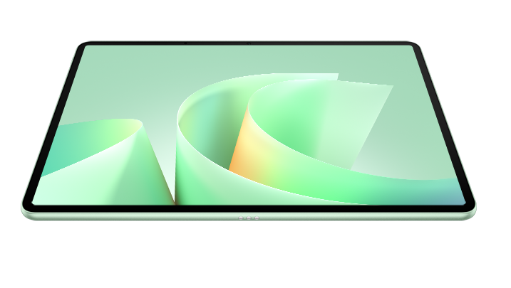 Jasnozielony tablet z abstrakcyjnym, zakrzywionym tłem w kolorze miętowym i żółtym.