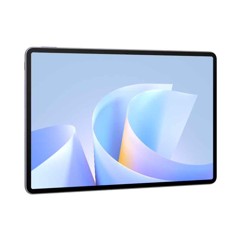 Srebrny tablet z abstrakcyjnym, falistym tłem na ekranie.