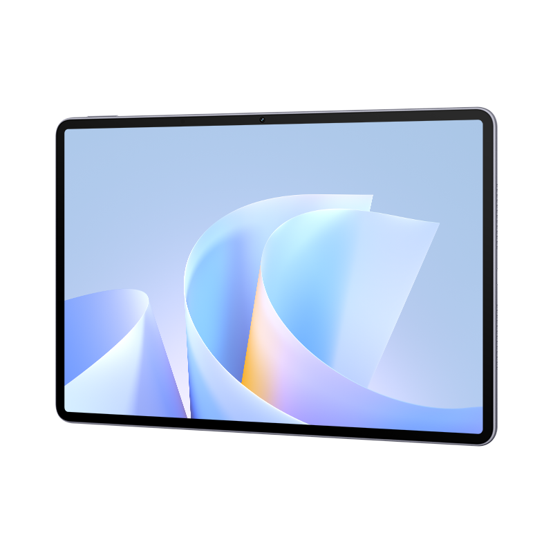 Tablet z abstrakcyjnym, falistym tłem w odcieniach niebieskiego i fioletu.