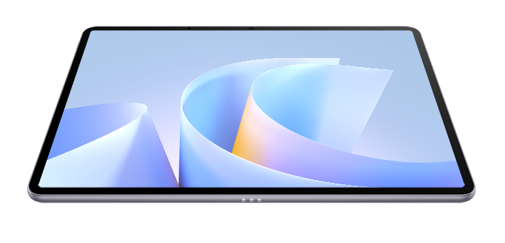 Szary tablet z abstrakcyjną niebiesko-białą tapetą.