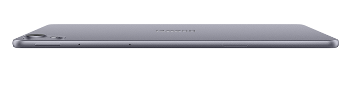 Szary tablet z wycięciem na aparat i logo Huawei na czarnym tle.