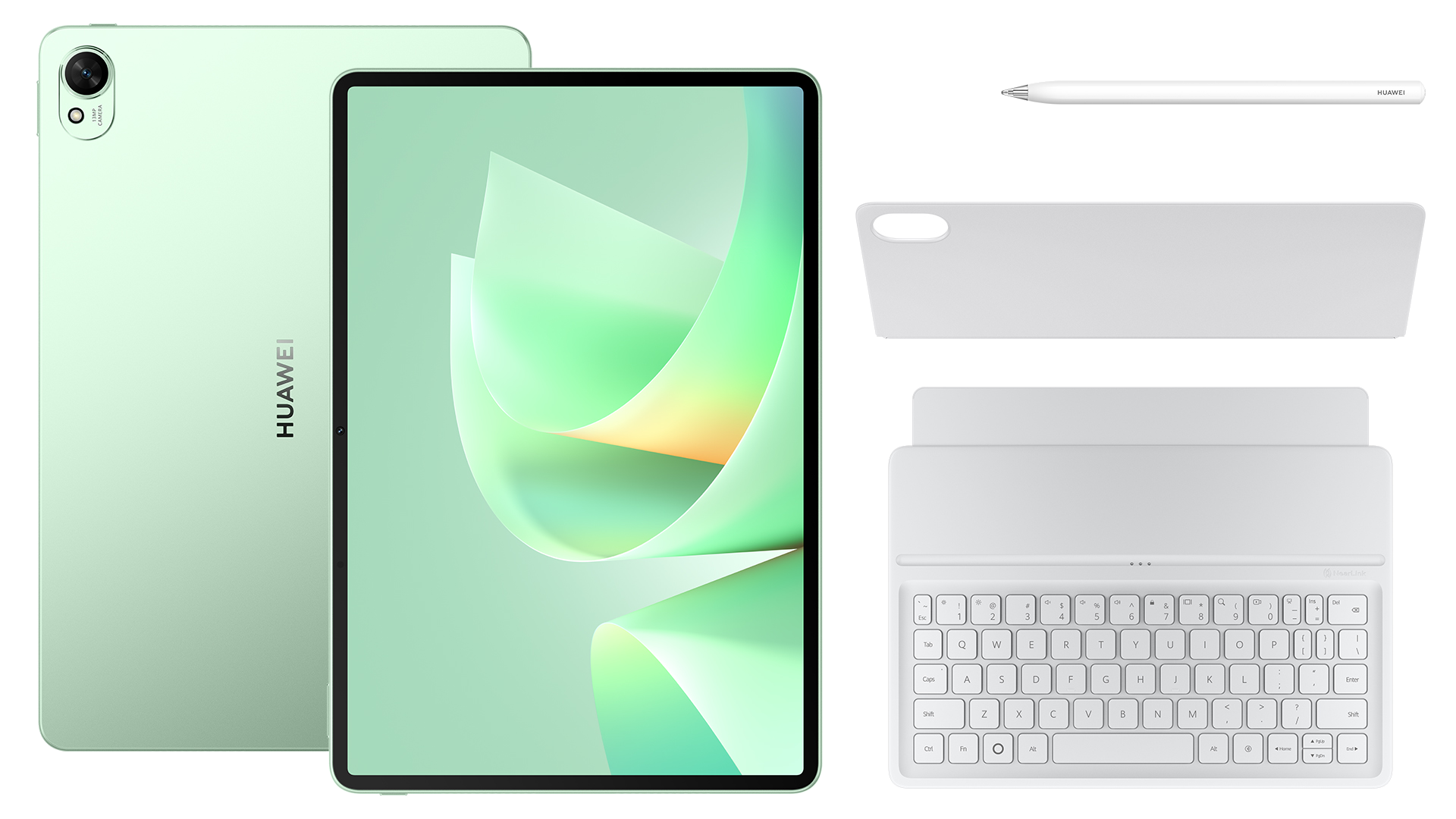 Miętowo-zielony tablet ze stylusem, etui i klawiaturą.