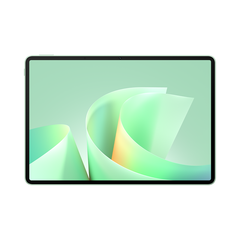 Jasnozielony tablet z abstrakcyjnym, zakrzywionym wzorem tła.