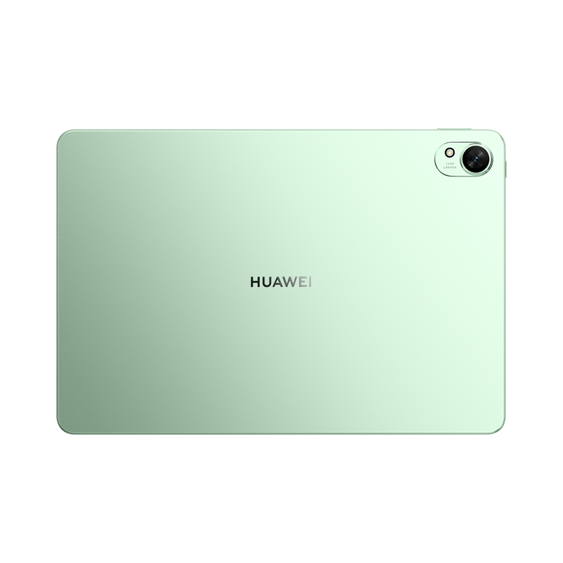 Jasnozielony tablet Huawei z aparatem i logo z tyłu.