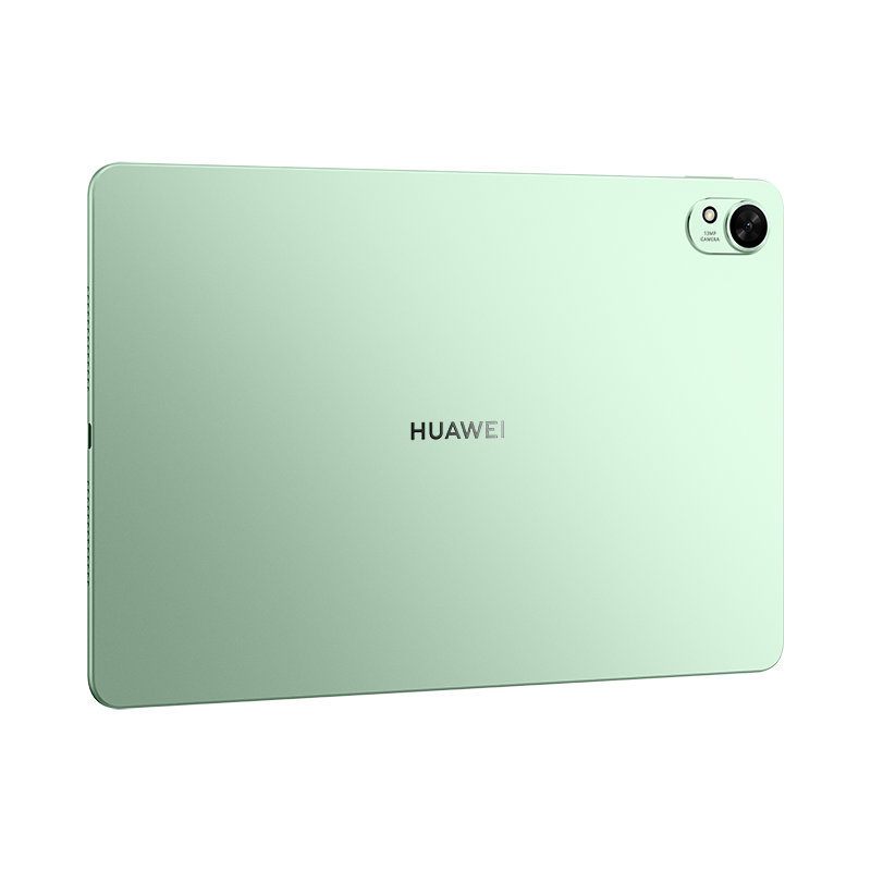Tył miętowej zielonej tabletu Huawei z aparatem i logo.