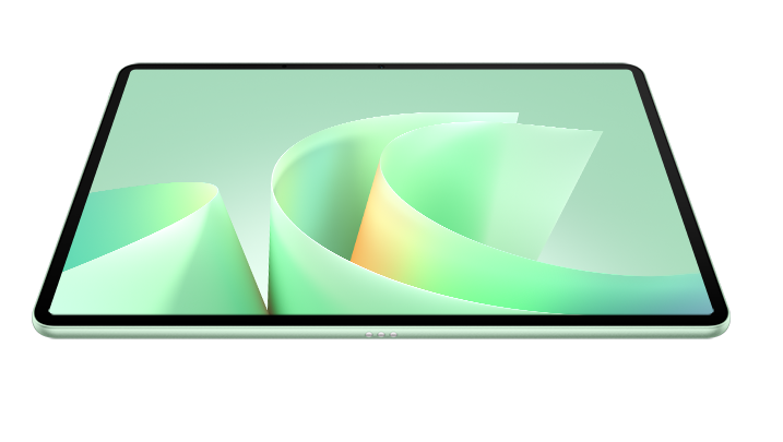 Jasnozielony tablet z abstrakcyjnym, falistym tłem. Widok z bliska.